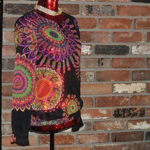 Desigual Black SHEER Long Sleeve Mandala Multi Color Blouse Top Tunic S